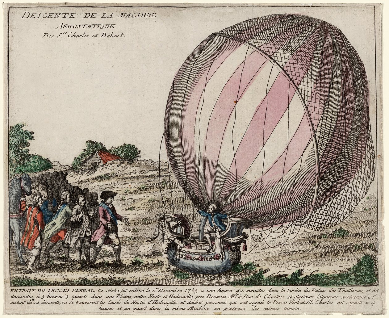 Descente de la Machine Aerostatique des Srs. Charles et Robert, veröffentlicht 1783 von French School