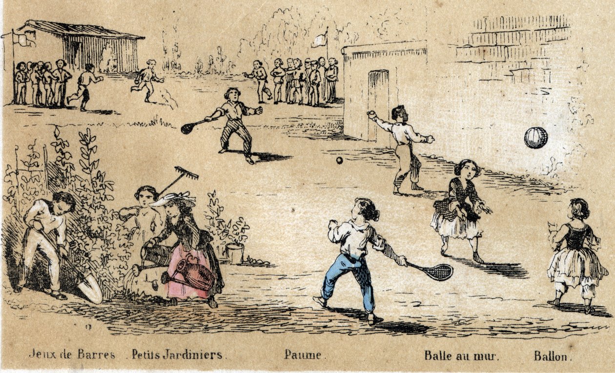 Beschreibung der Freizeit und Spiele von Kindern: Ball- und Ballspiele (Ball an die Wand, Palmspiel) und Gartenarbeit. Tafel „Die Spiele der Kindheit“ in „les Recreations instructives“ Synoptisches Gemälde von Jules Delbruck, Gravur von 1860. Private Samml von French School
