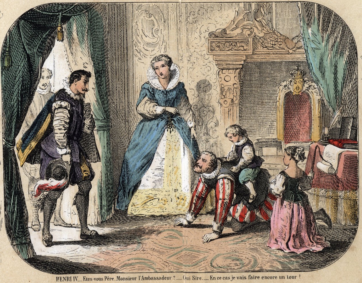 Beschreibung der Freizeit und Spiele von Kindern: König von Frankreich Heinrich IV. (1553-1610) spielt mit seinen Kindern (wahrscheinlich Ludwig XIII. und Elisabeth von Frankreich) vor dem spanischen Botschafter. Königin Maria von Medici ist anwesend. (les von French School