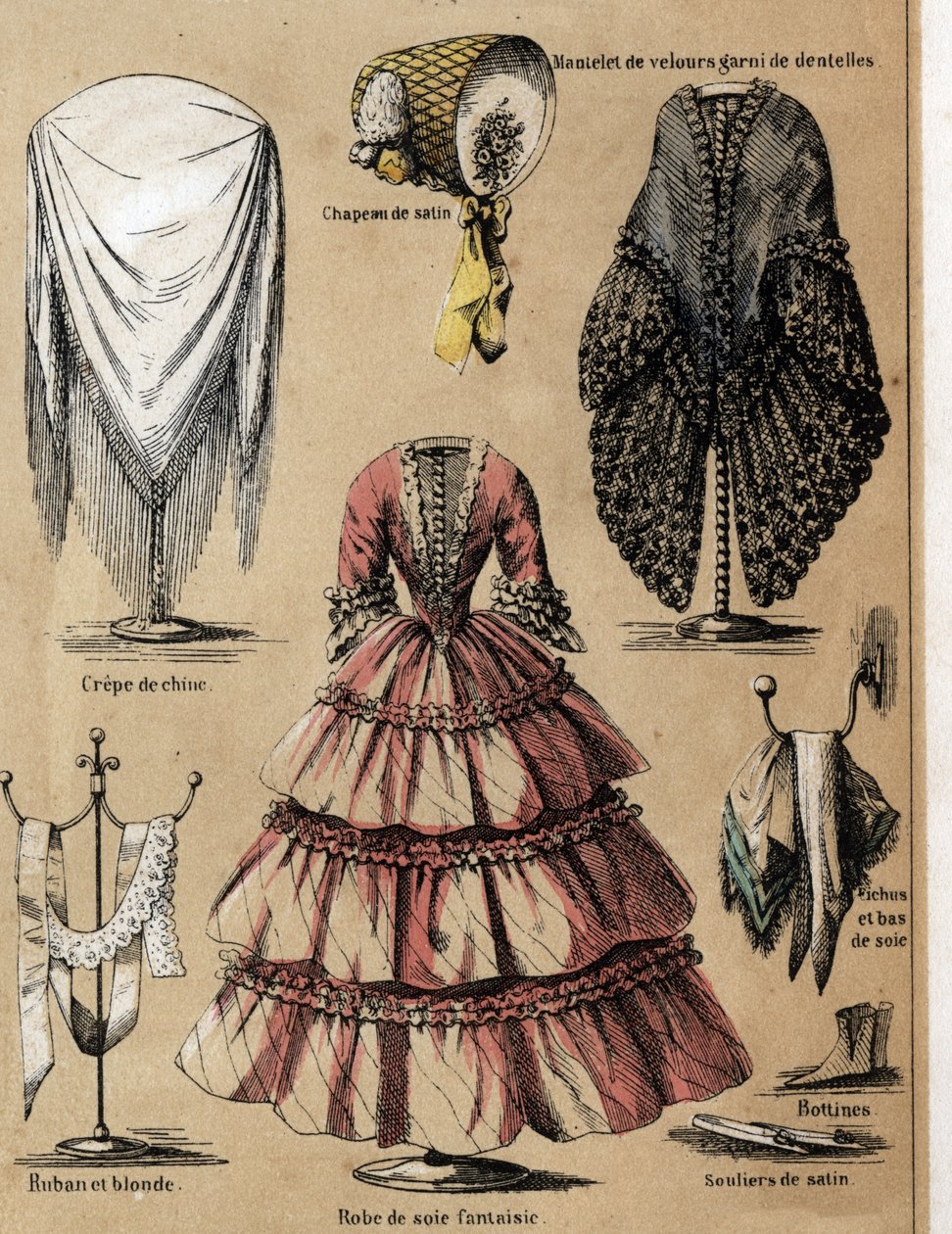 Beschreibung der Kultur und Seidenprodukte: Ein Kleid aus Krepp de Chine, ein Samtmantel mit Spitze, Seidenärmel und ein Fantasiekleid. (la soie) von French School