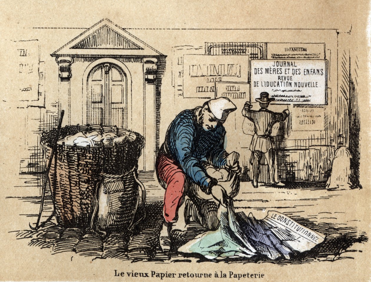 Beschreibung der verschiedenen Produkte und Verwendungen von Papier: altes Papier wird gesammelt, um wieder Lumpen zu werden. Tafel „Das Papier und seine Produkte“ in „Les Recreations instructives“. Synoptisches Gemälde von Jules Delbruck, Gravur von 1860. von French School