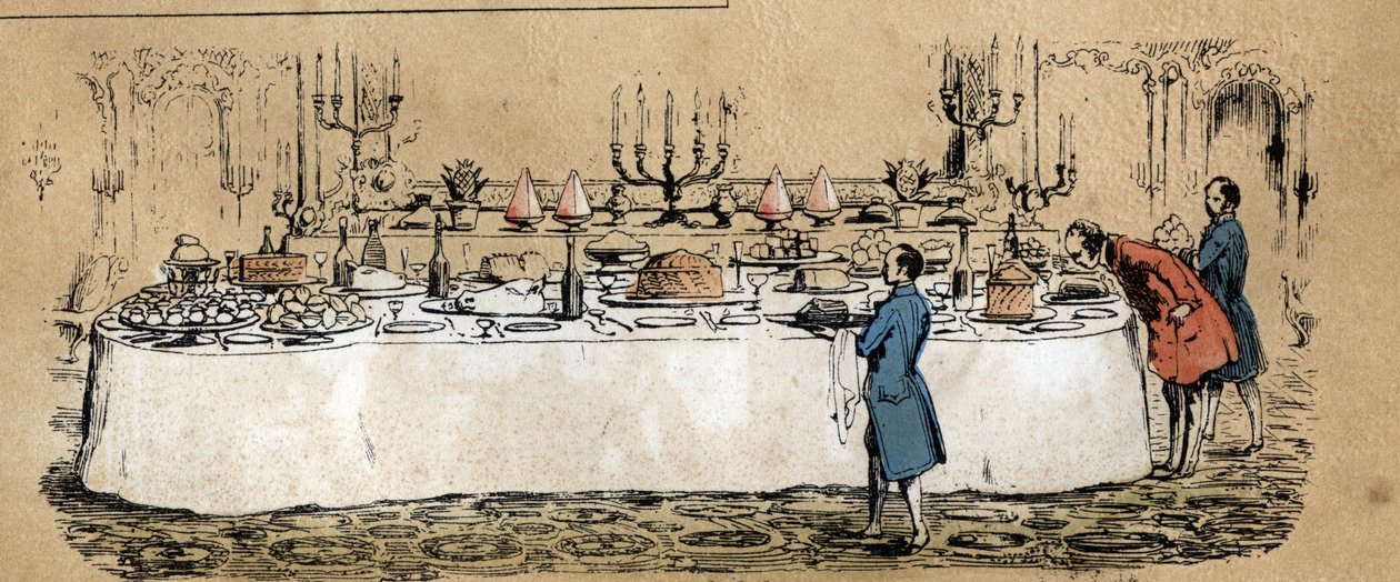 Beschreibung der verschiedenen Produkte und Verwendungen der Kuh: Produkte der Kuh (Käse, Rindfleisch) auf dem Tisch eines mondänen Buffets während eines Balls. Tafel „La coache et ses produits“ in „les Recreations instructives“ Synoptisches Gemälde von Ju von French School