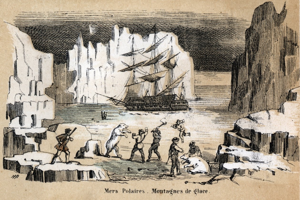 Beschreibung der verschiedenen Landschafts- und Reliefarten nach Geographie: Detail einer arktischen Landschaft mit Eisbären und Eisbergen. Tafel „Physische Geographie“ in „Les Recreations instructives“. Synoptisches Gemälde von Jules Delbruck, Gravur von  von French School