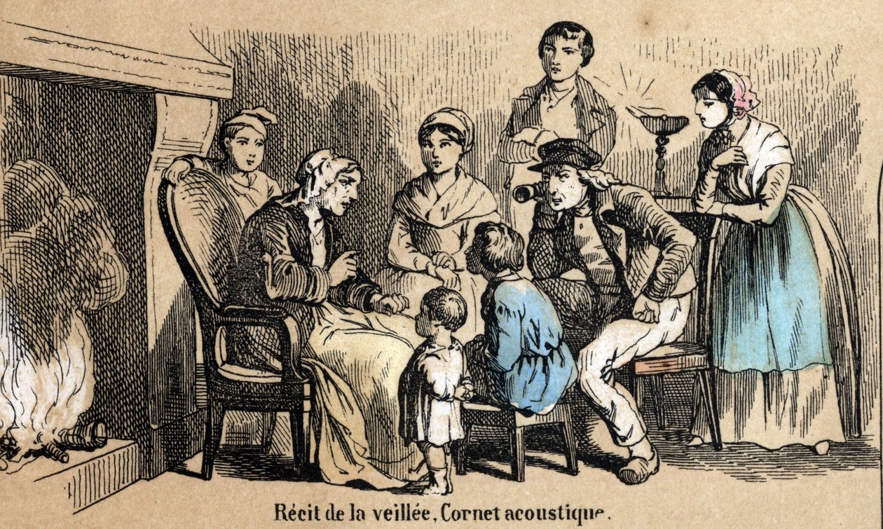 Beschreibung der fünf Sinne: Detail des Hörens, Erzählungen während der Nacht in den Hütten, ein alter Mann benutzt einen Hörkegel. (Les cinq sens) von French School