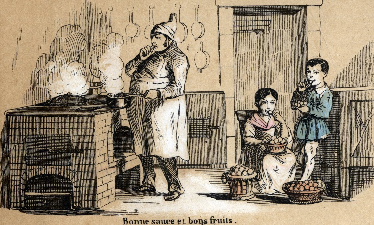 Beschreibung der fünf Sinne: Detail des Geschmacks, ein Koch kostet seine Sauce und Kinder knabbern an Früchten. Tafel „Die fünf Sinne“ in „les Recreations instructives“ Synoptisches Gemälde von Jules Delbruck, Gravur von 1860. Private Sammlung von French School