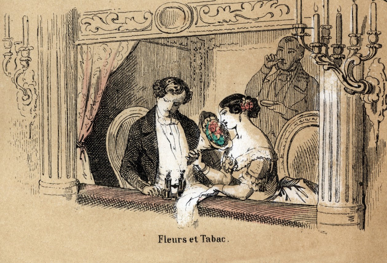 Beschreibung der fünf Sinne: Geruch, Zuschauer in einer Opernloge, umgeben vom Duft von Blumen und Tabak. Tafel „Die fünf Sinne“ in „les Recreations instructives“ Synoptisches Gemälde von Jules Delbruck, Gravur von 1860. Private Sammlung von French School