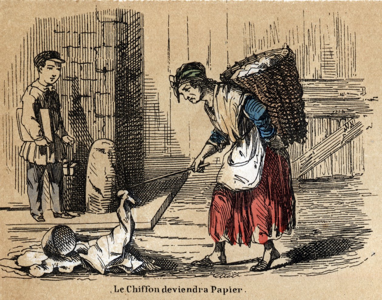Beschreibung der verschiedenen Produkte und Verwendungen von Papier: das Sammeln alter Lumpen, aus denen das Papier hergestellt wird. Tafel „Das Papier und seine Produkte“ in „Les Recreations instructives“. Synoptisches Gemälde von Jules Delbruck, Gravur v von French School