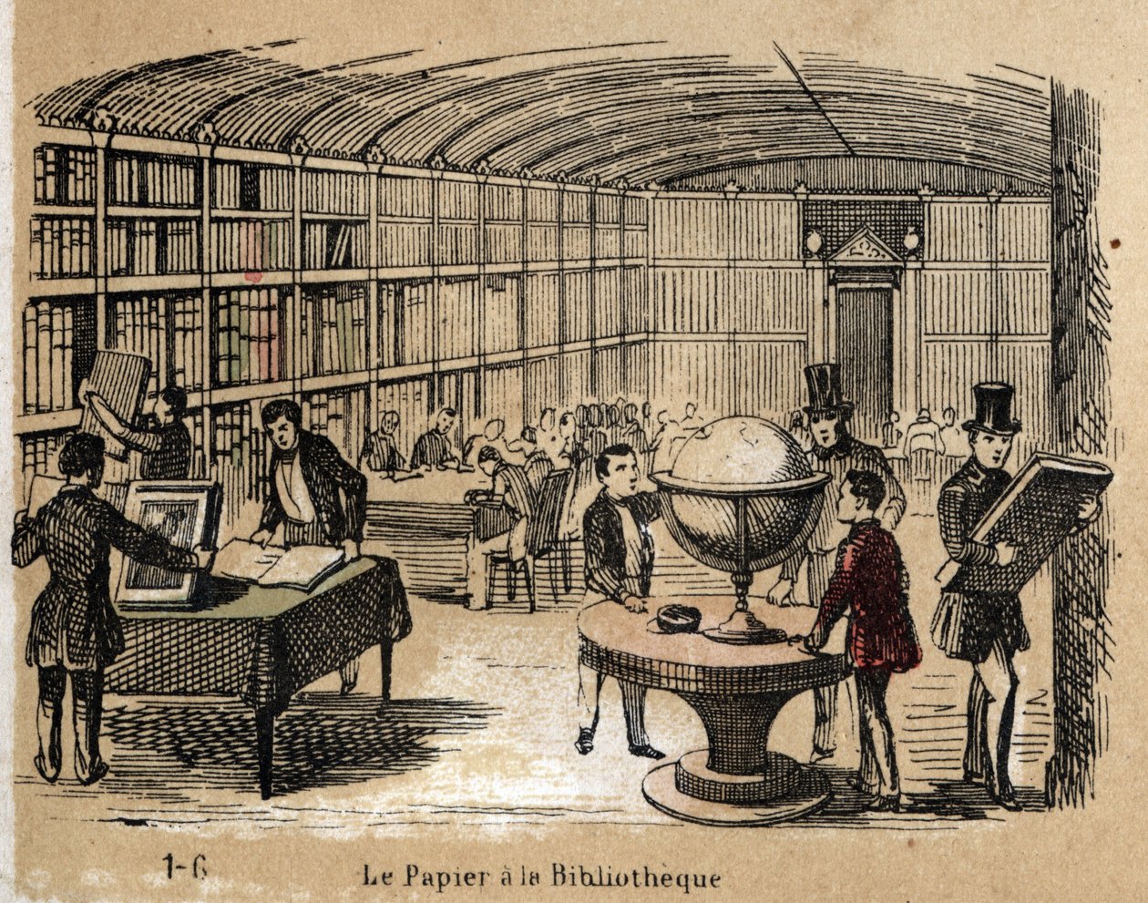 Beschreibung der verschiedenen Produkte und Verwendungen von Papier: Ansicht einer Bibliothek mit Papierwerken. Tafel „Das Papier und seine Produkte“ in „les Recreations instructives“ Synoptisches Gemälde von Jules Delbruck, Gravur von 1860. Private Sammlu von French School