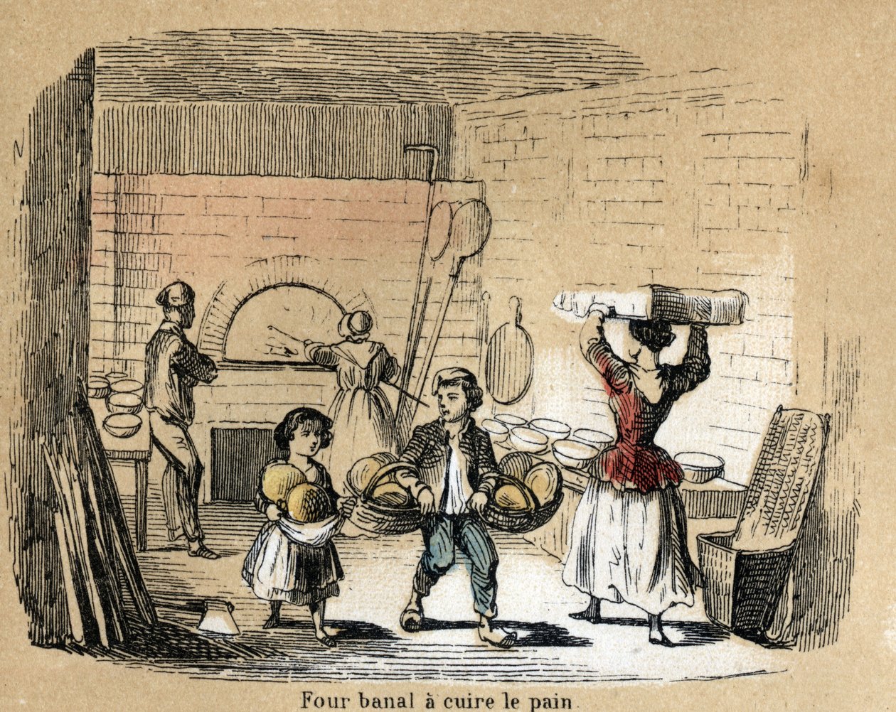 Beschreibung der verschiedenen Herstellungsstufen und Verwendungen von Ton: Backen von Ton in einem Brotbackofen. Tafel „Der Ton und seine Produkte“ in „Les Recreations instructives“, Synoptisches Gemälde von Jules Delbruck, Gravur von 1860. Private Sammlu von French School