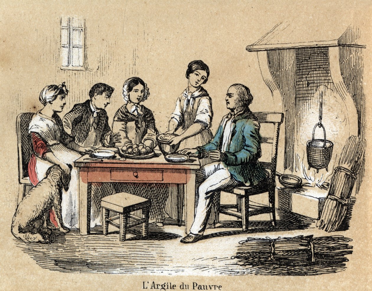 Beschreibung der verschiedenen Herstellungsstufen und Verwendungen von Ton: die Verwendung von Ton in armen Haushalten, eine Familie versammelt am Tisch, die von minderwertigen Tonplatten isst. Tafel „Der Ton und seine Produkte“ in „les Recreations instruc von French School