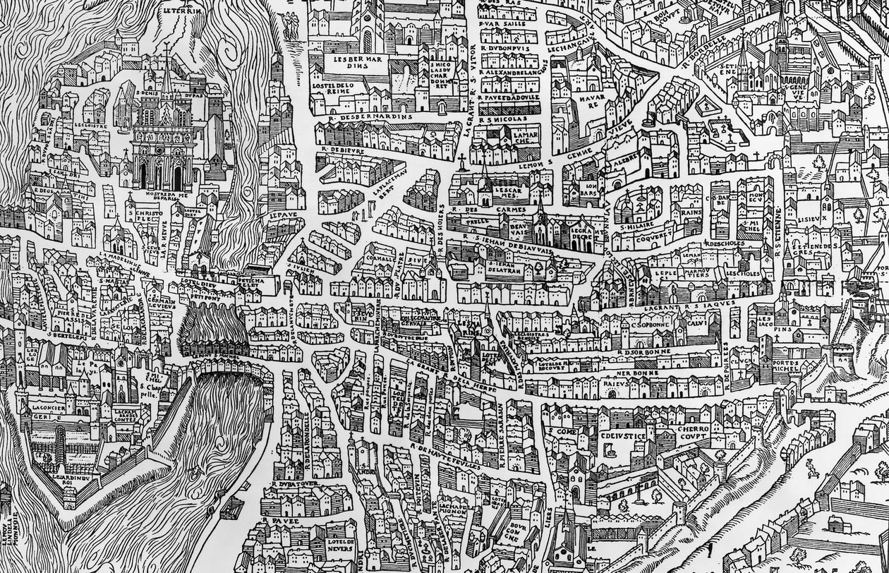 Detail aus einer Karte von Paris zur Zeit von Heinrich II., zeigt das Quartier des Ecoles, 1552 von French School