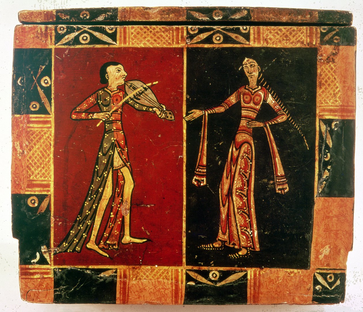 (Detail) von einer Hochzeitstruhe, die einen Musiker und eine Tänzerin darstellt von French School