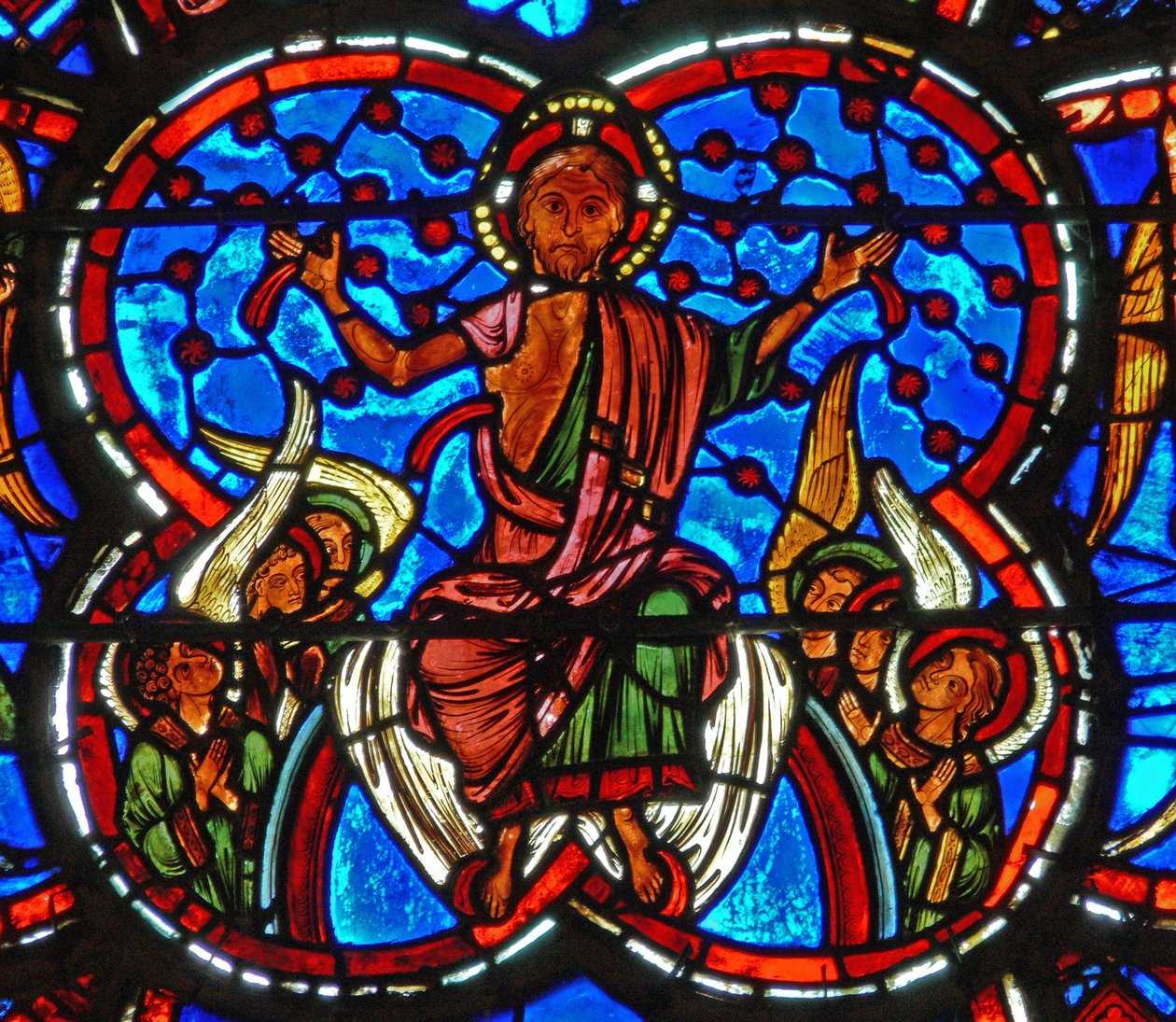 Detail eines Fensters, das das Jüngste Gericht darstellt: Christus von French School
