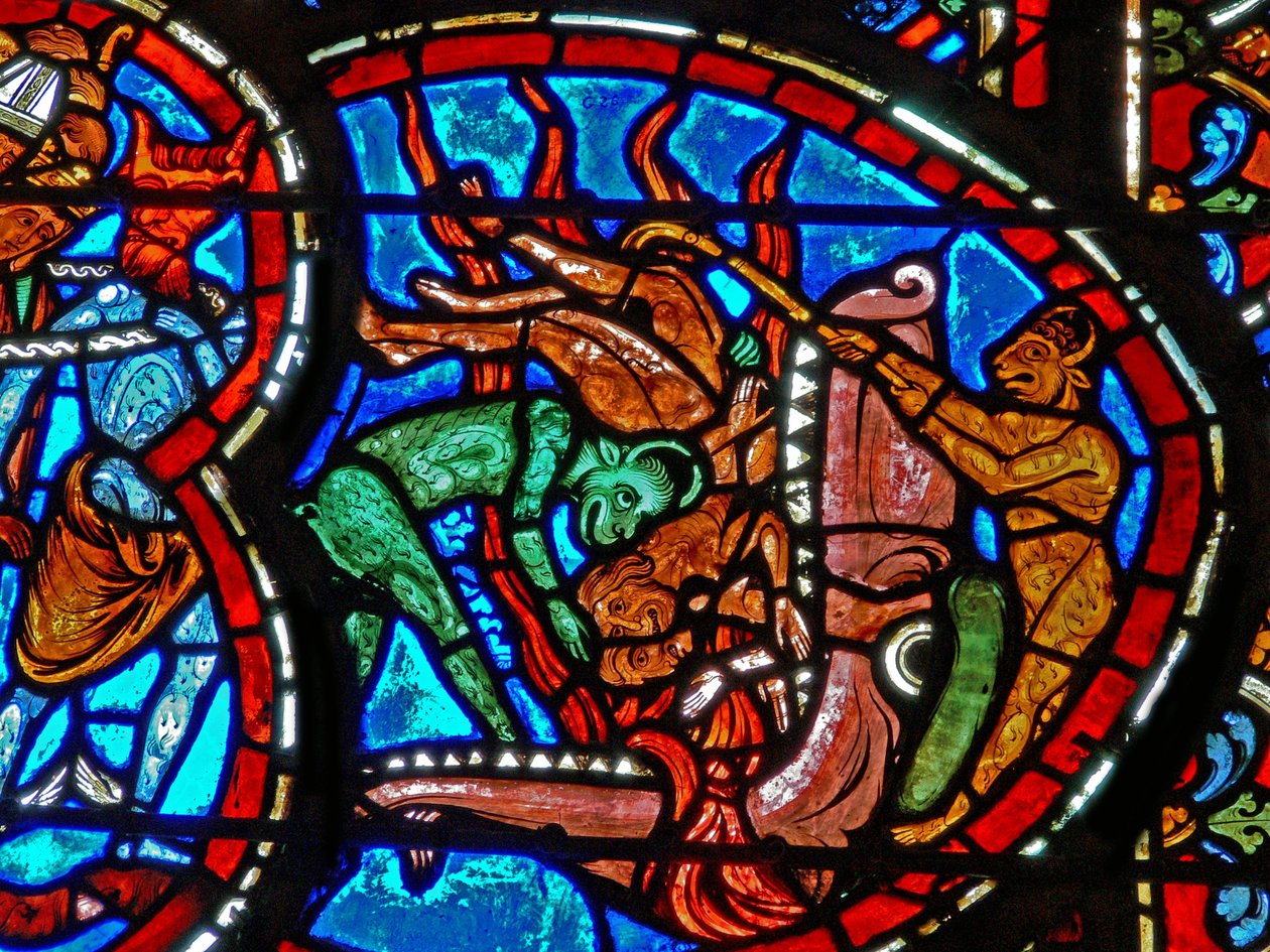 Detail eines Fensters, das das Jüngste Gericht darstellt: Der Höllenschlund von French School