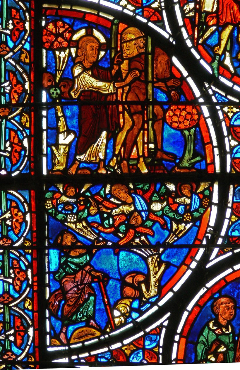 Detail eines Fensters, das das Gleichnis vom barmherzigen Samariter darstellt: Gott vertreibt Adam und Eva aus dem Garten Eden (Detail) von French School