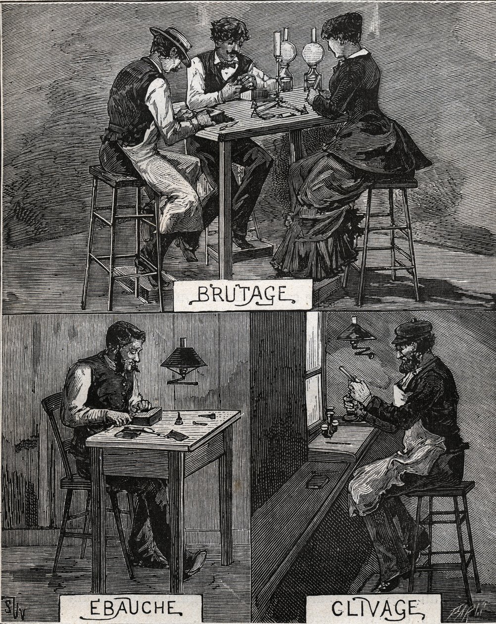 Diamantschleifen, Klang, Roh- und Spaltbearbeitung. Gravur von 1885 in „Les arts et métiers illustrés“ von Adolphe Bitard. von French School