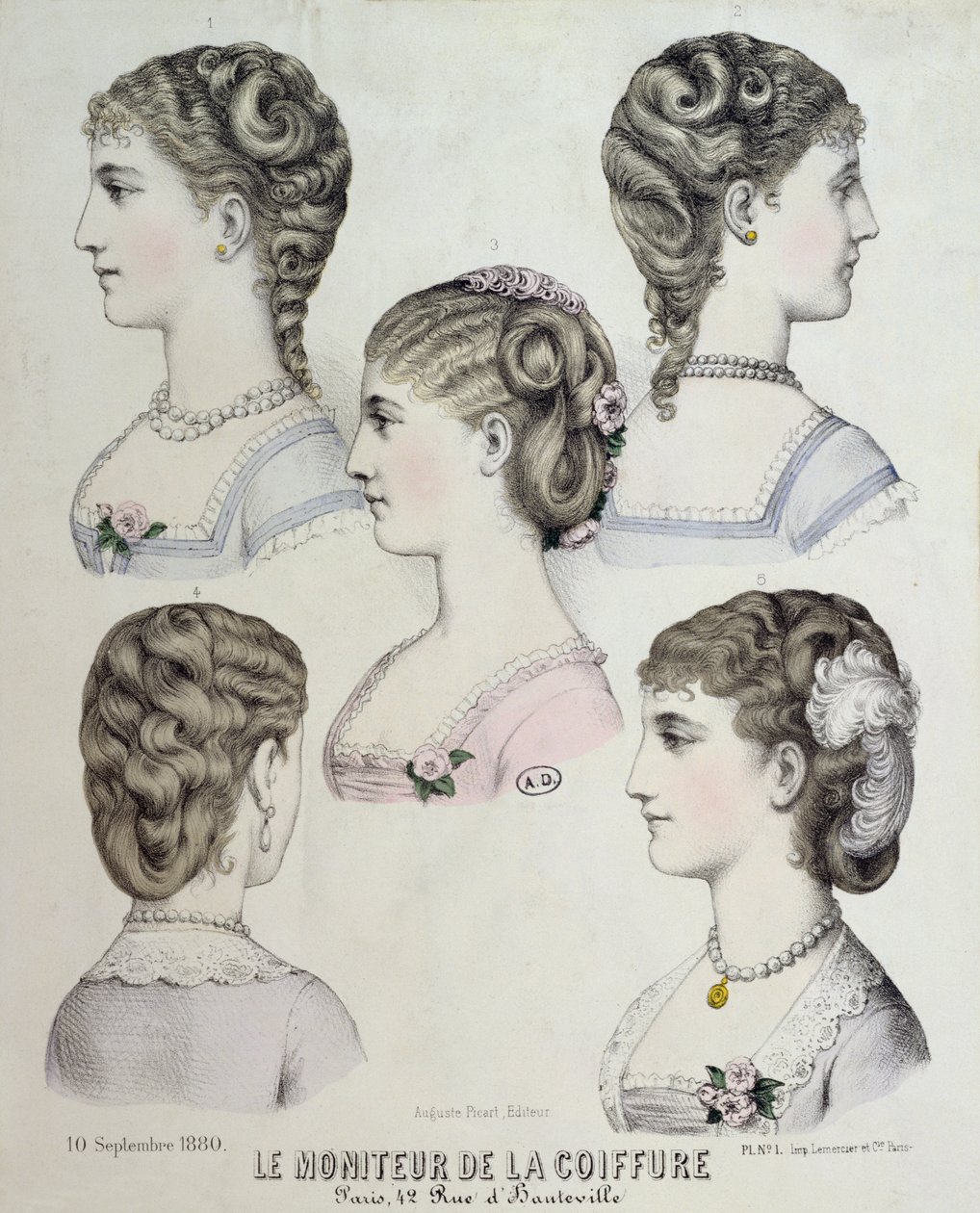 Verschiedene Frisuren, Tafel aus Le Moniteur de la Coiffure, 1880 von French School