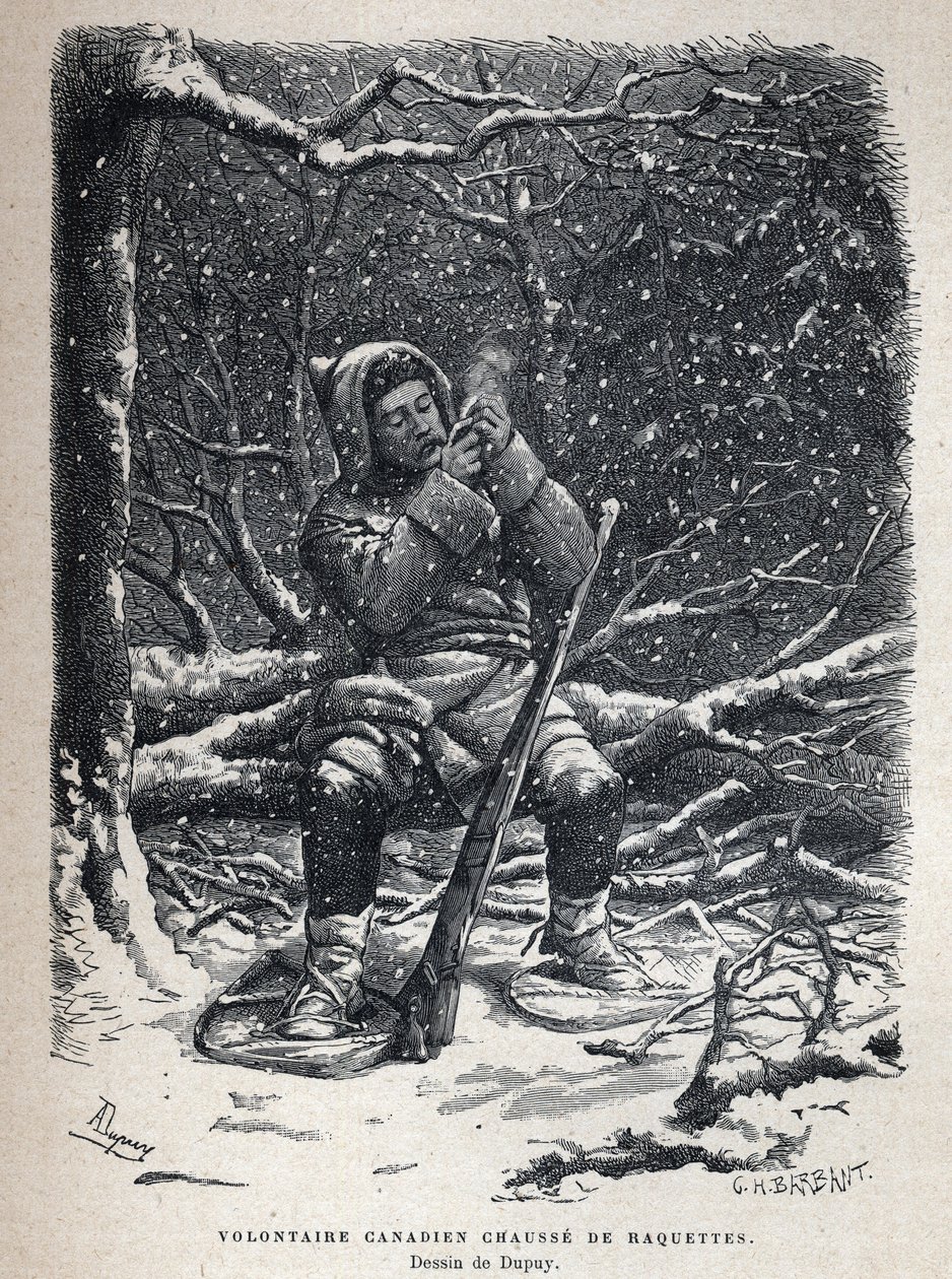 Entdeckung Kanadas: Freiwilliger der kanadischen Armee mit Schneeschuhen. Zeichnung von Dupuy. Gravur aus dem späten 19. Jahrhundert in La Nouvelle France von Eugene Guenin von French School