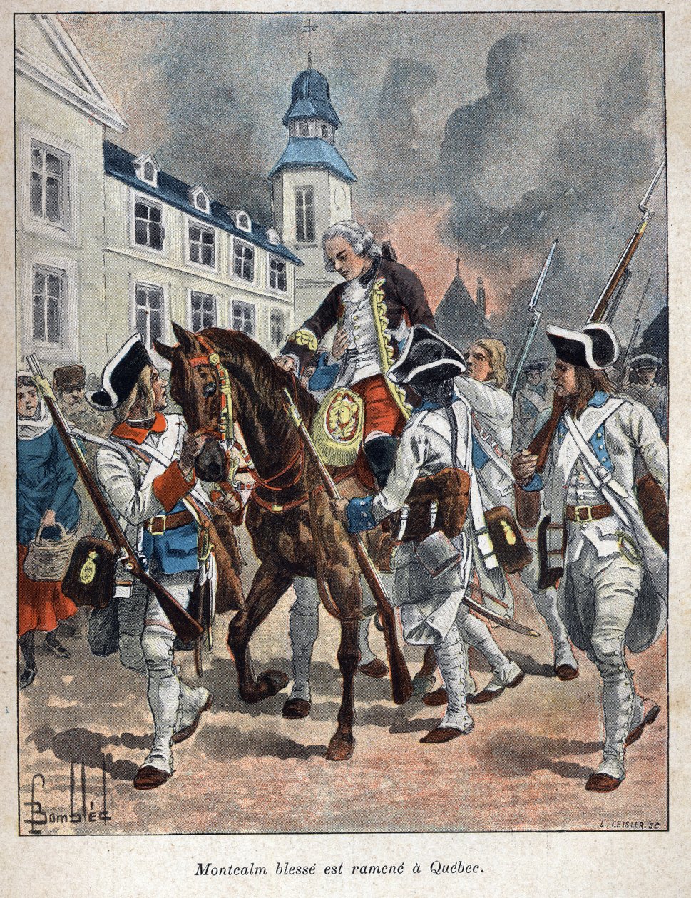 Entdeckung Kanadas: Louis Joseph de Montcalm (1712-1759), französischer General, verletzt während der Belagerung der Stadt Québec durch die Engländer und zurückgebracht nach Québec 1759. Gravur aus dem späten 19. Jahrhundert in La Nouvelle France von Eugen von French School