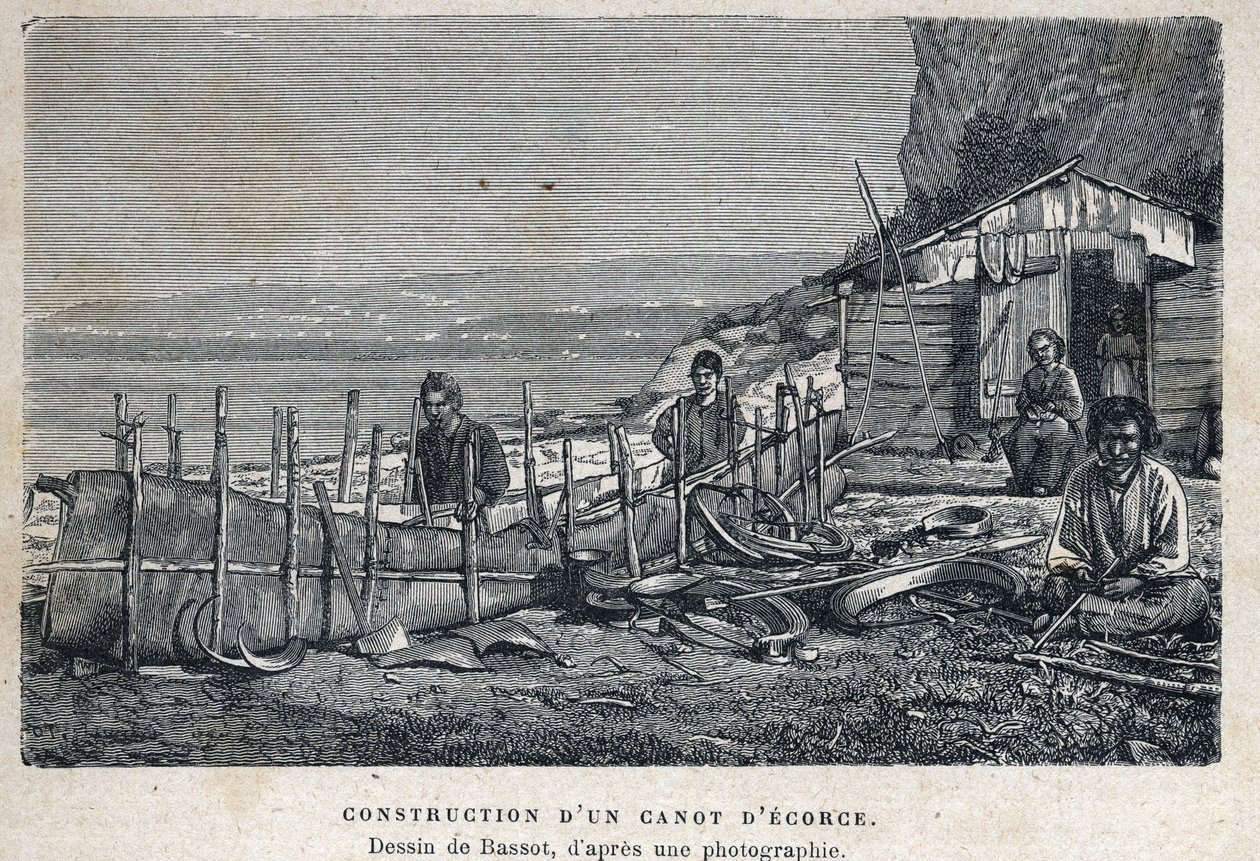 Entdeckung Kanadas: Bau eines Birkenrindenkanus. Zeichnung von Bassot nach Fotografie. In „La nouvelle France“ von Eugene Guenin von French School
