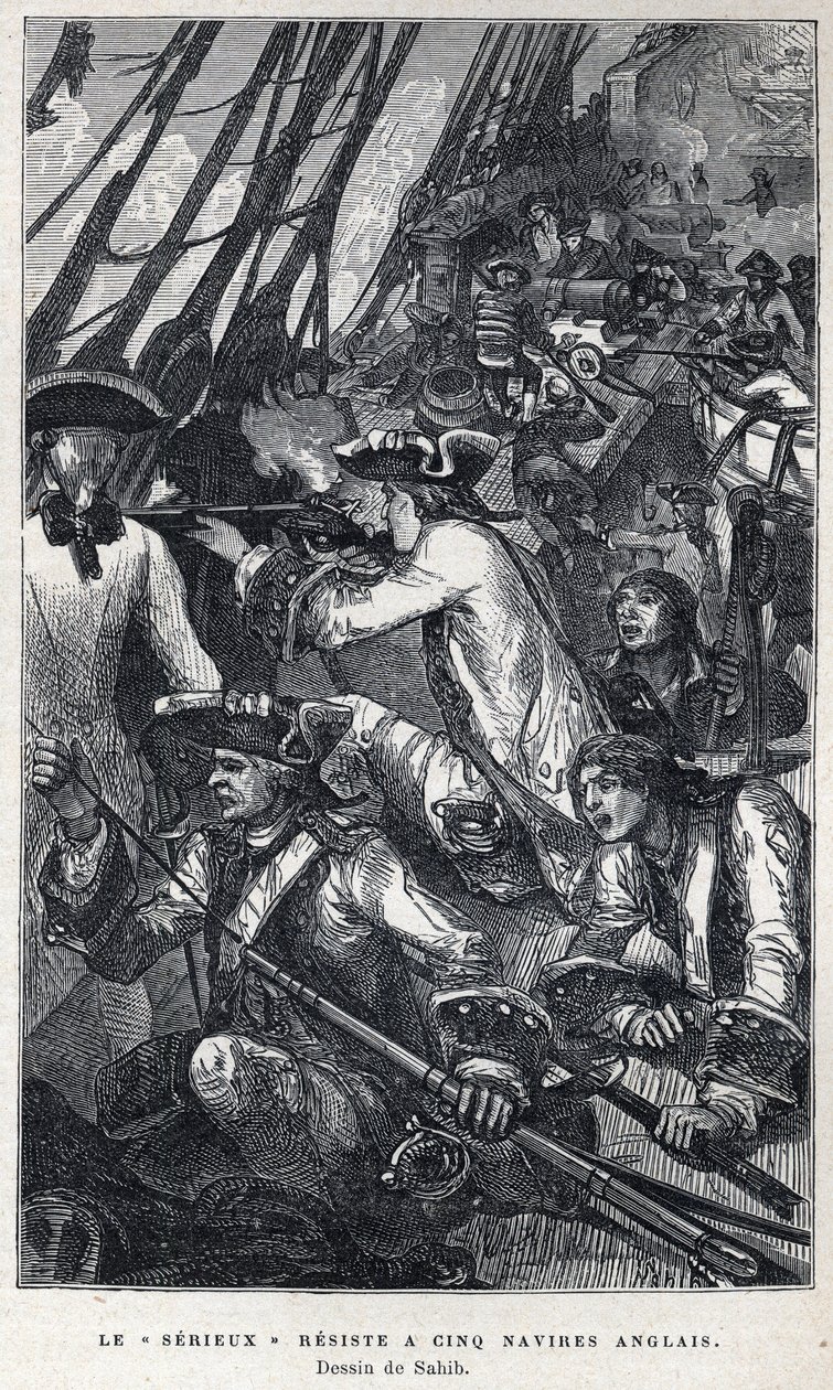 Entdeckung Kanadas: Jacques Pierre de Taffanel de la Jonquiere (1685-1752), französischer Marineoffizier an der Spitze des französischen Schiffes „Le serieux“ widerstand fünf englischen Schiffen. Zeichnung von Sahib. Gravur aus dem späten 19. Jahrhundert i von French School