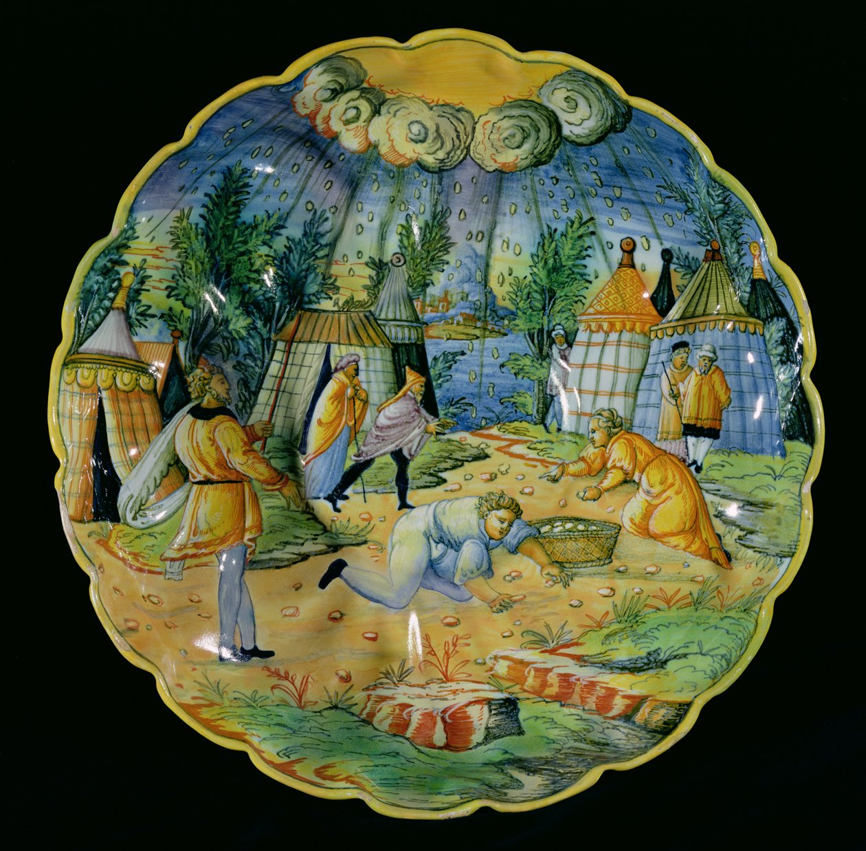 Schale, die das Sammeln von Manna darstellt, hergestellt in Nevers oder Lyon von French School