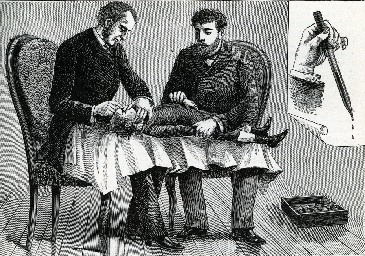 Ärzte untersuchen die Augen eines Kindes und verabreichen Augentropfen (Gravur) 1888 von French School