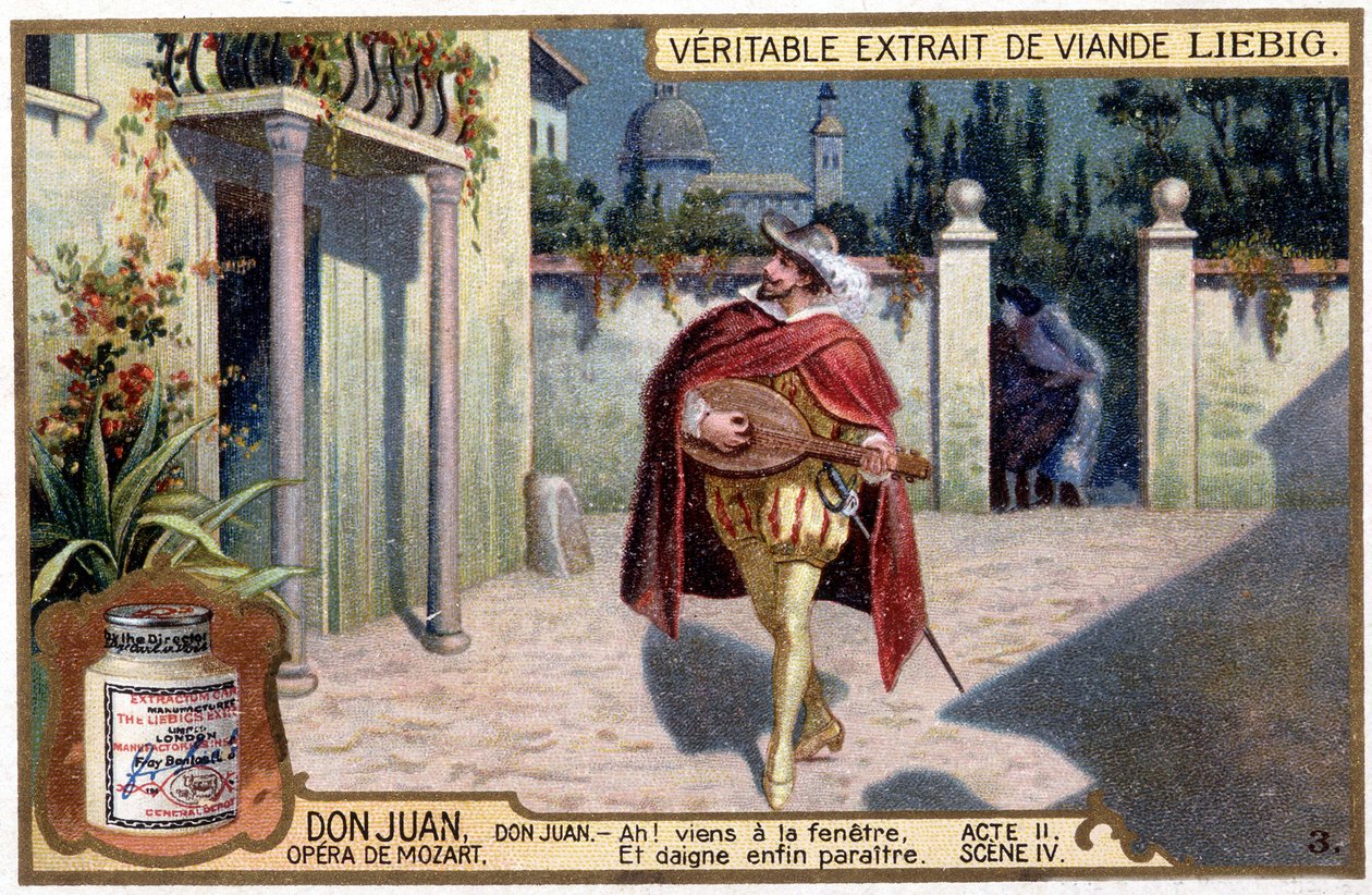 Don Juan im Troubadour: Akt II Szene IV der Mozart-Oper „Don Giovanni“ Liebig Chromolithographie, um 1900 von French School