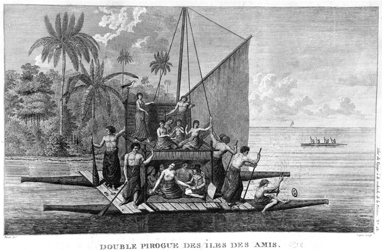 Doppelpiroge der Freundlichen Inseln, Illustration aus dem Atlas du Voyage à la recherche de La Pérouse, 1792 von French School