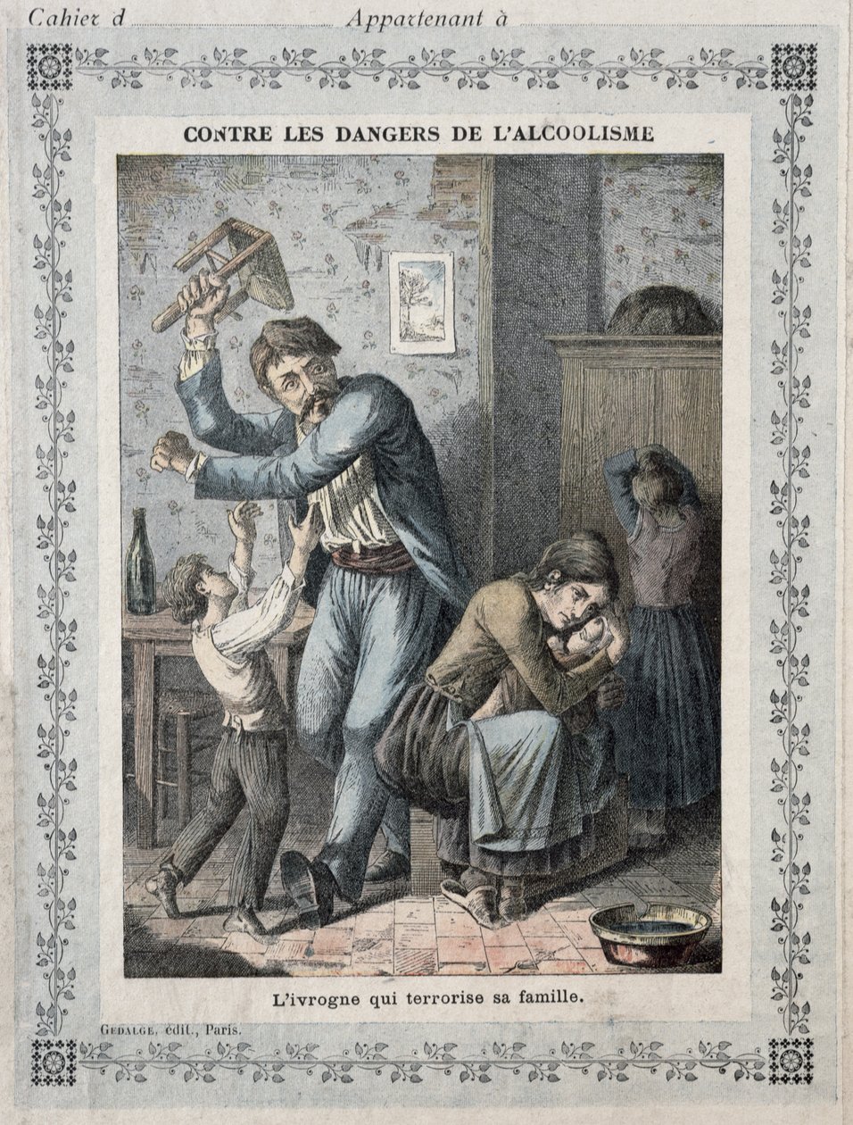 Betrunkener terrorisiert seine Familie, Titelbild eines Schulheftes, ca. 1900 von French School