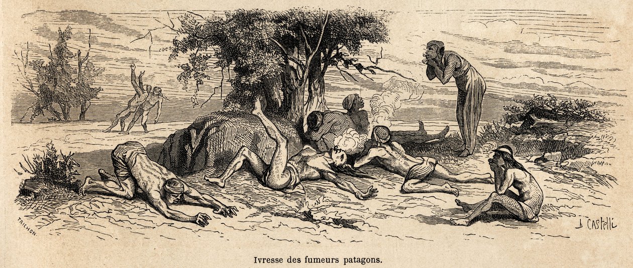 Trunkenheit der Raucher, Zeichnung des Autors, zur Illustration von 3 Jahren Gefangenschaft unter den Patagonen. von French School