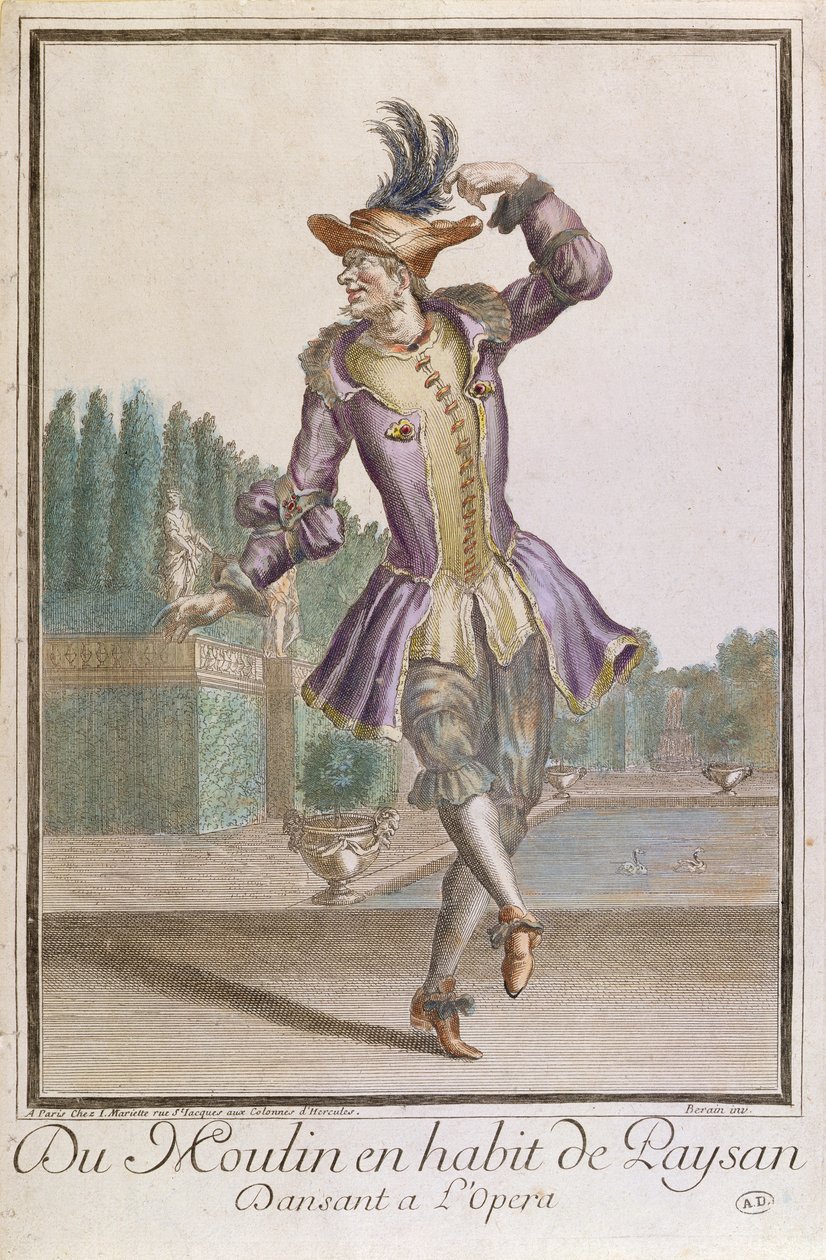 Du Moulin in einem Bauernkostüm für ein Ballett an der Oper, veröffentlicht von Mariette, spätes 17. Jahrhundert von French School