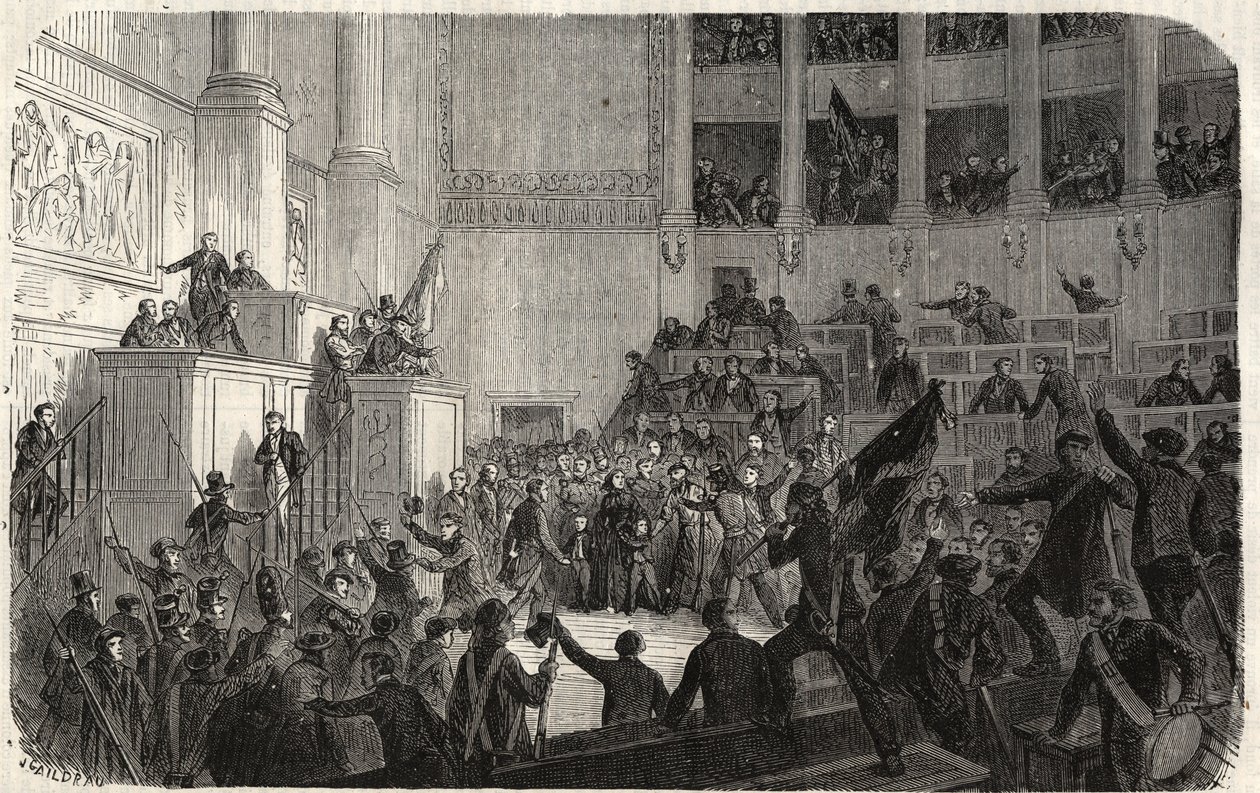 Herzogin von Orléans in der Chambre des Députés (1848), Paris, Frankreich - Revolution von 1848 - Die Herzogin von Orléans in der Chambre des Députés in Paris zur Zeit der Proklamation der Republik (Hélène de Mecklenburg-Schwerin, Herzogin von Orléans) von French School
