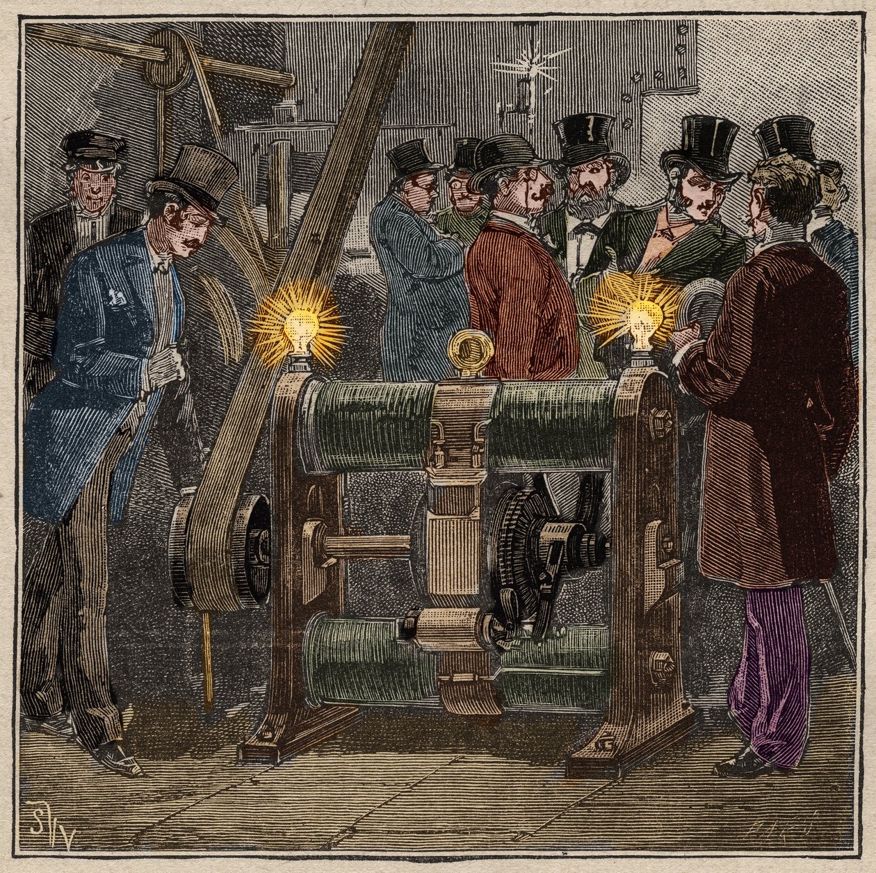 Dynamo-Elektromaschine vom Typ Gram (Zénobe Théophile Gram) erzeugt Gleichstrom, elektrisches Experiment im Maschinenraum des Conservatoire des arts et métiers de Paris (circa 1881). Gravur von 1885 in „Les arts et métiers illustrés“ von Adolphe Bitard. von French School