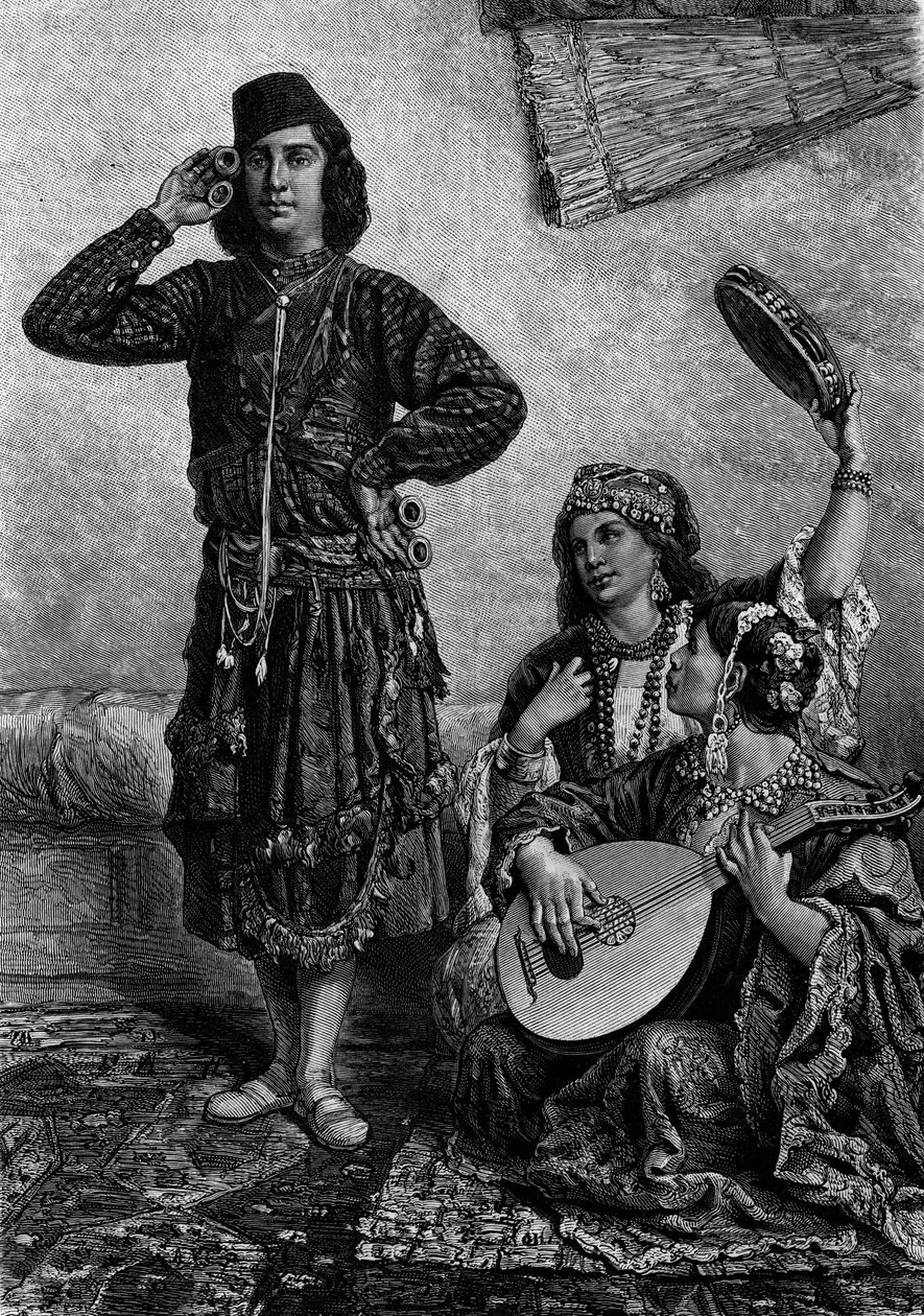 Ägyptische Musiker und Tänzer. Ein Mann hält Zimbeln zwischen seinen Fingern. Gravur in „Le Journal de la jeunesse“ von French School