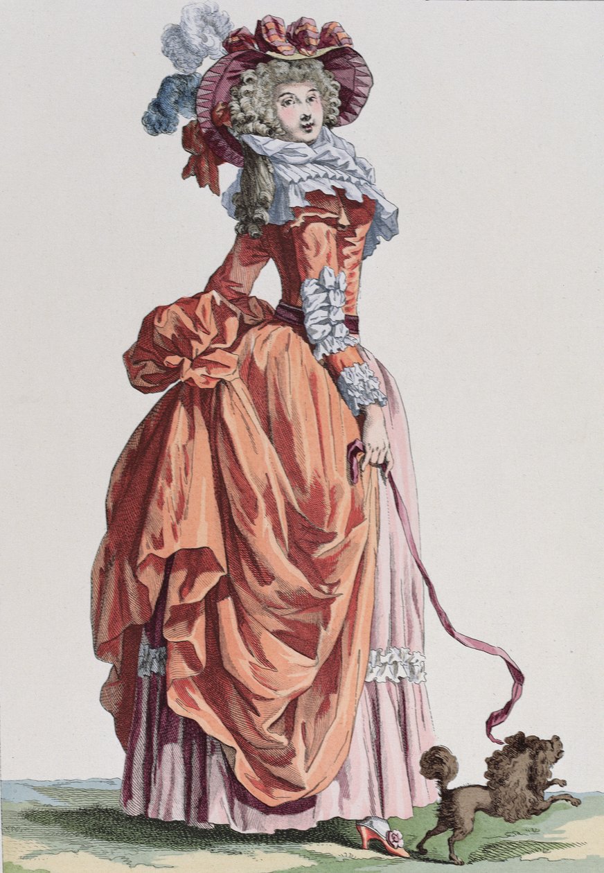 Elegante Frau mit ihrem Hündchen, Modeplatte aus Galerie des Modes et Costumes Français, graviert von Bacquoy (Farbstich) von French School