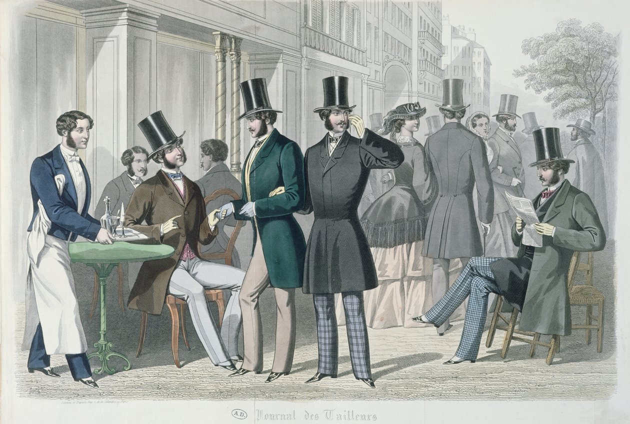Elegante junge Männer auf der Terrasse eines Cafés, 1857 von French School