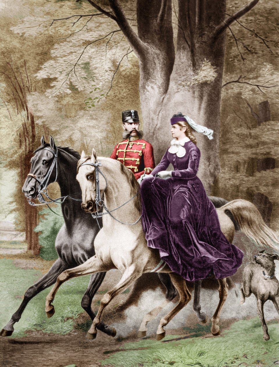 Kaiser Franz Joseph der Erste und Kaiserin Elisabeth von Österreich aus Wittelsbach (1837-1898) reiten Pferde (Gravur) von French School