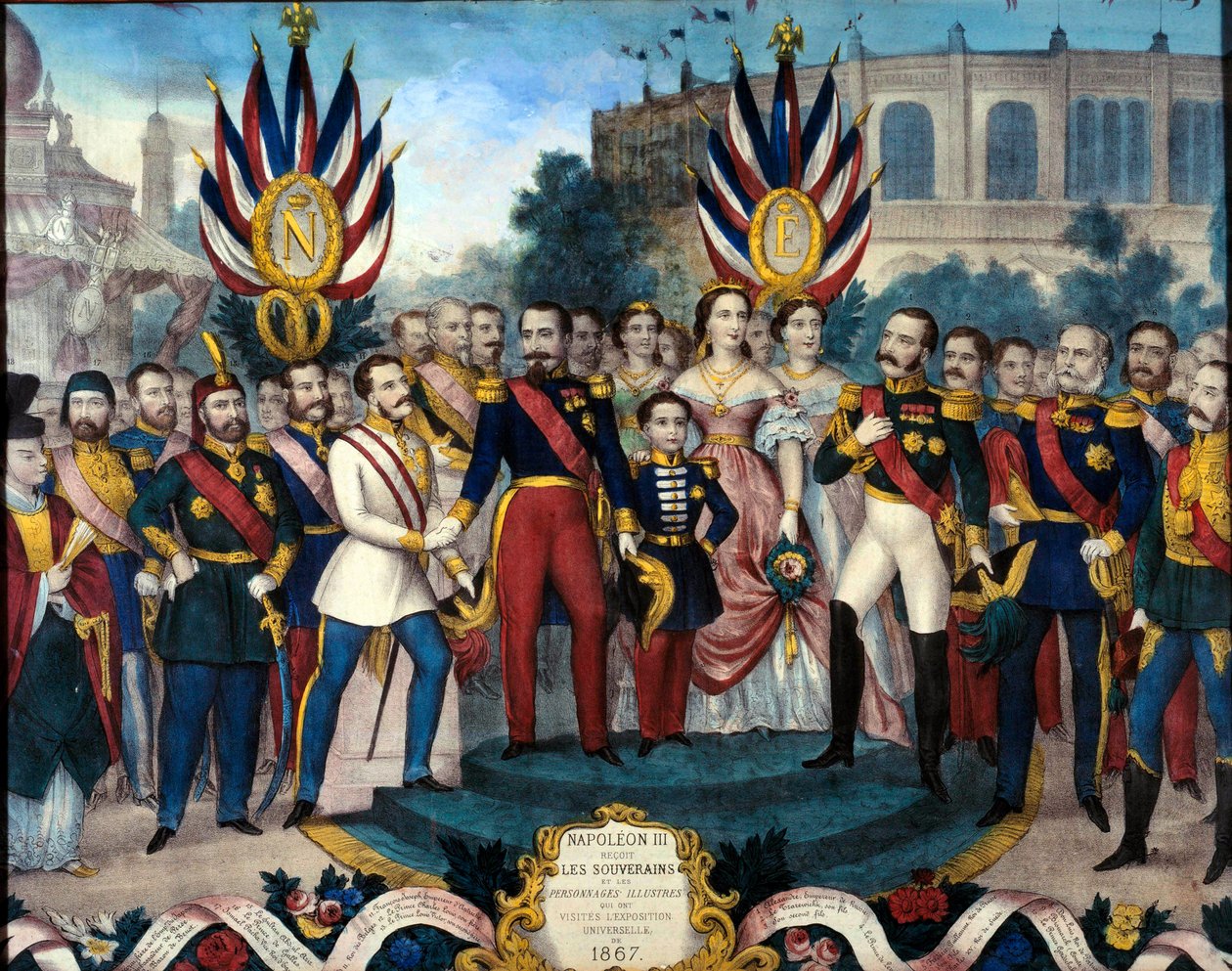 Kaiser Napoleon III (1808-1873) empfing ausländische Souveräne auf der Weltausstellung 1867. Gravur des 19. Jahrhunderts. Schlossmuseum Compiègne von French School