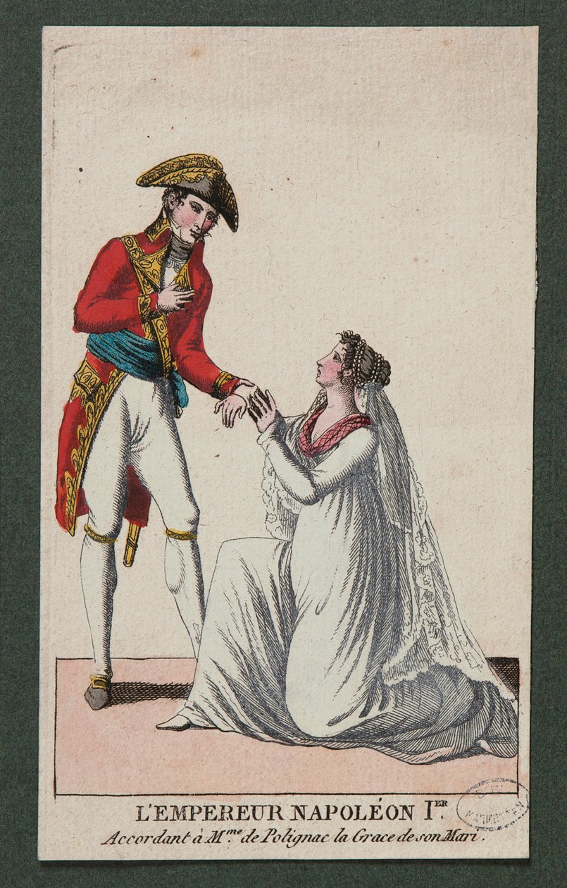 Kaiser Napoleon I. gewährt Madame de Polignac die Gnade ihres Mannes von French School