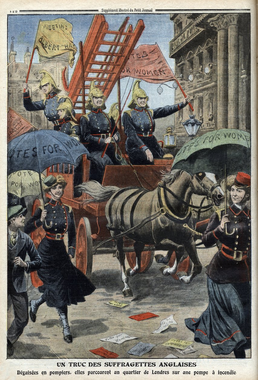 Englische Suffragetten verkleidet als Feuerwehrmänner, aus 