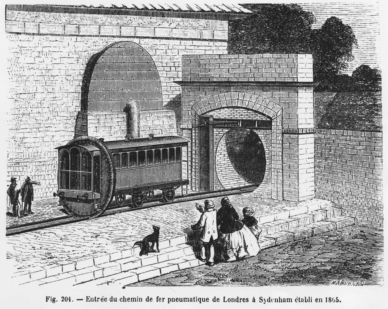 Eingang der pneumatischen Eisenbahn von London nach Sydenham, eingerichtet 1865 - in „The Wonders of Science“, von L. Figuier. von French School