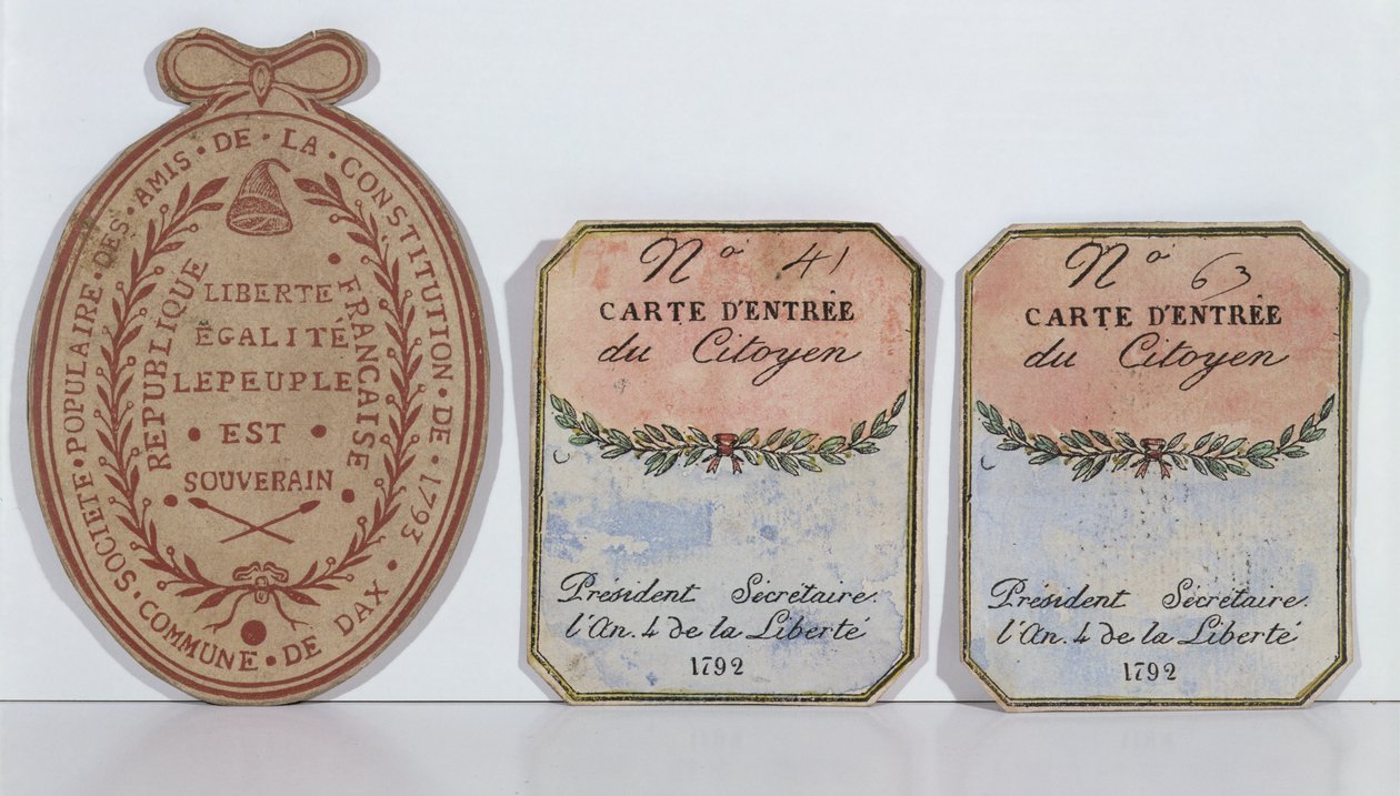 Eintrittskarten für die Gesellschaft der Freunde der Verfassung in Dax, 1792 und 1793 (gedrucktes Papier) von French School