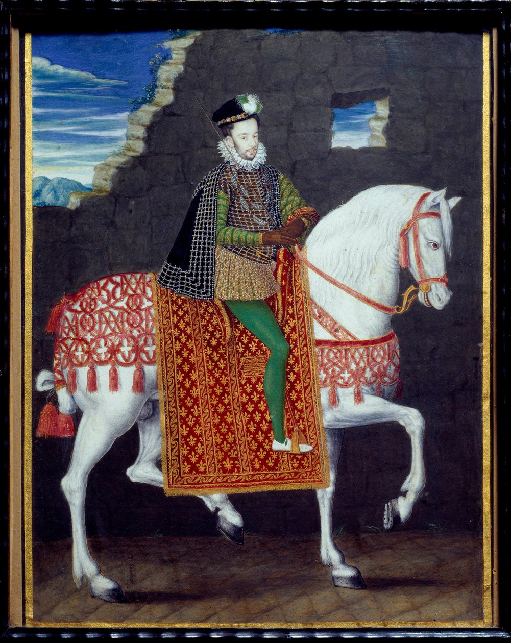 Reiterporträt von Heinrich III., König von Frankreich. Anonymes Gemälde in Gouache von French School