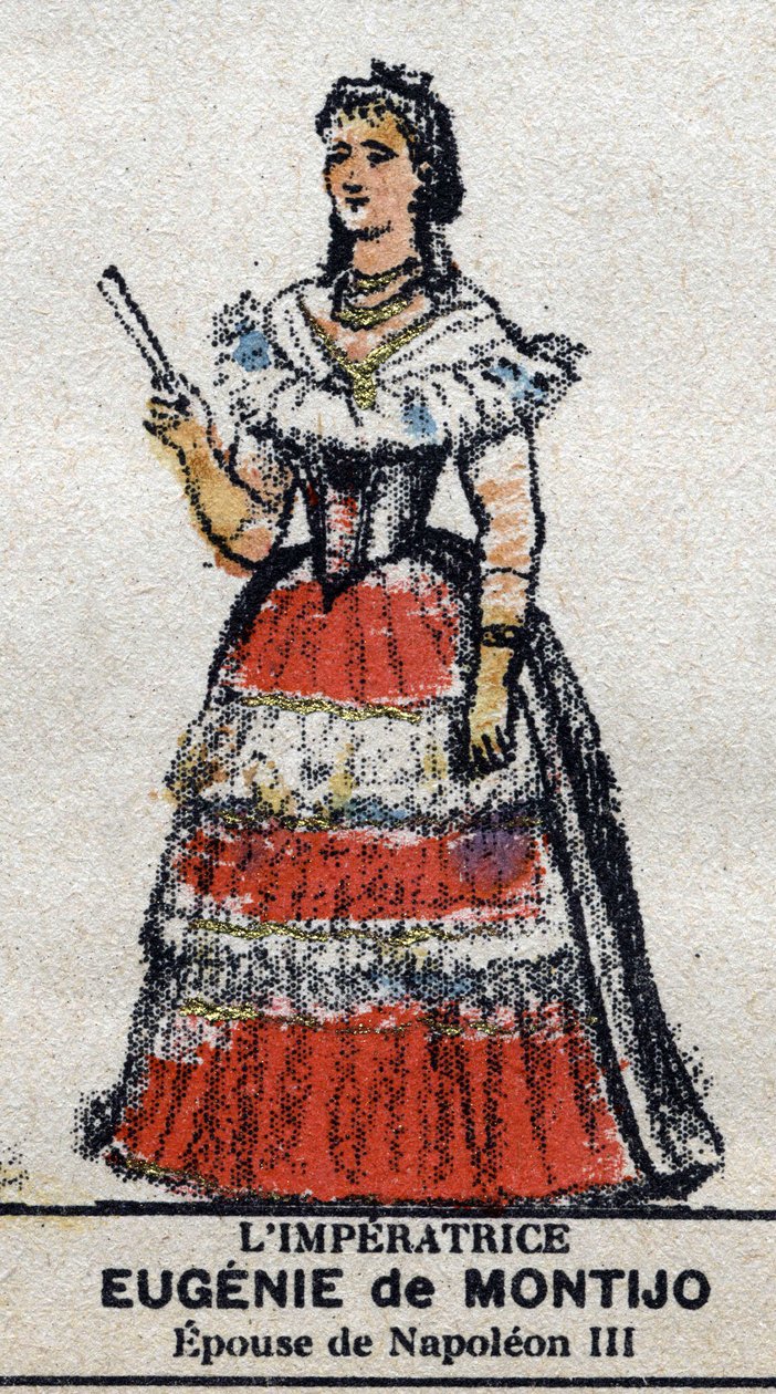 Eugenie (1826-1920), Kaiserin der Franzosen (Eugenia Maria de Montijo de Guzman, Gräfin von Teba, Ehefrau von Napoleon III). In „Galerie der Könige und Königinnen von Frankreich und berühmter Persönlichkeiten von 1643 bis 1895“ Epinal-Bild. von French School
