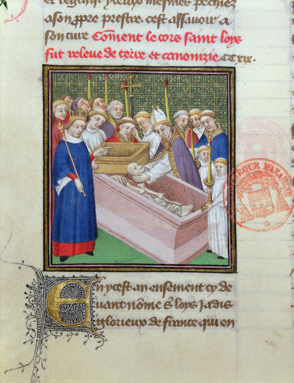 Exhumierung und Heiligsprechung von St. Louis (1215-70) im Jahr 1297, aus Les Grandes Chroniques de France von French School