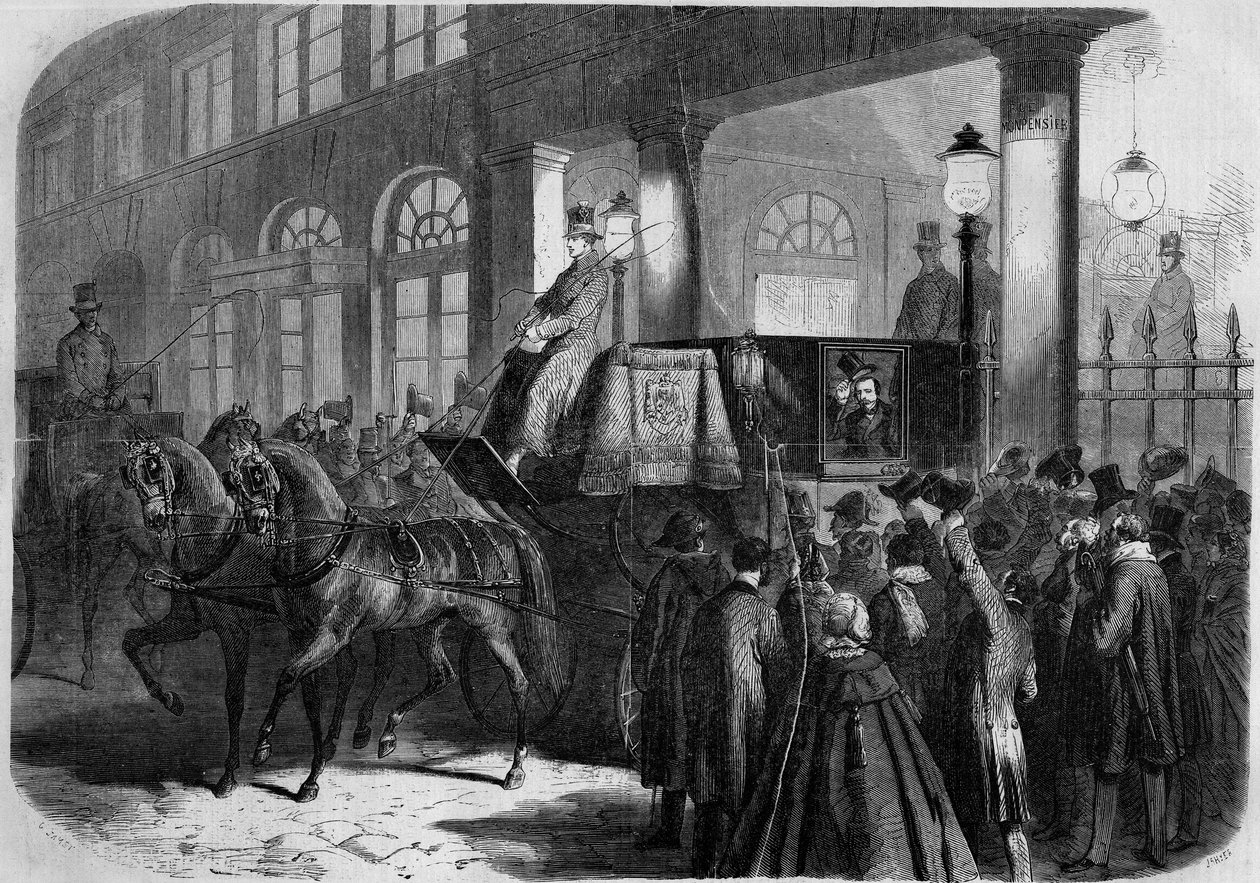 Ausgang von Kaiser Napoleon III. (1808-1873) aus der Comédie Française nach einer Aufführung von „Chatterton“. Paris von French School