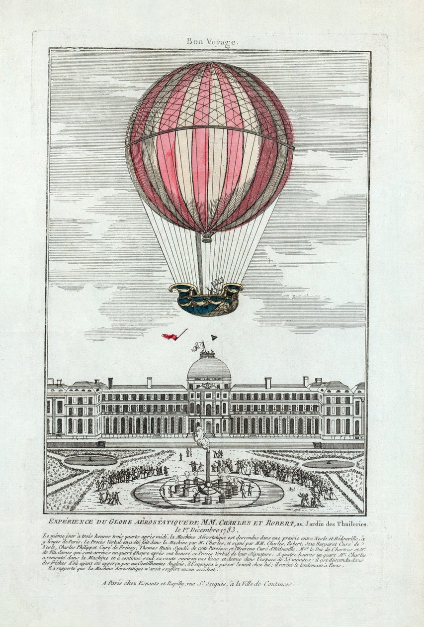 Erfahrung des Heißluftballons von MM. Charles und Robert im Jardin des Tuileries am 1. Dezember 1783, veröffentlicht 1783 von French School