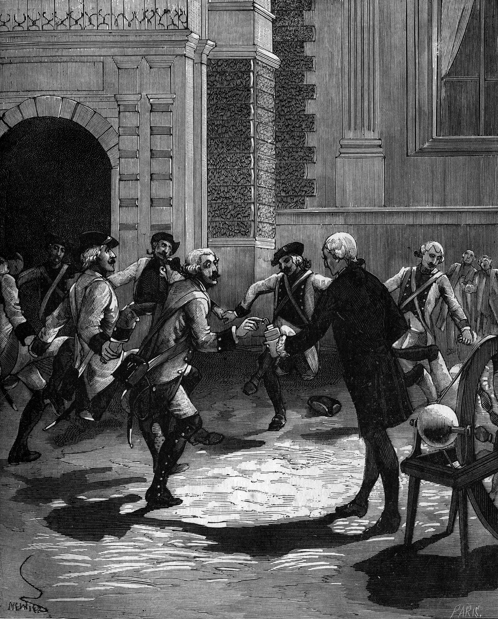Erfahrung mit der Leidener Flasche von Abbe Jean Antoine Nollet (Jean-Antoine) (1700-1770), französischer Physiker in Versailles, wo 180 Wachen gleichzeitig getroffen wurden. 1746 von French School