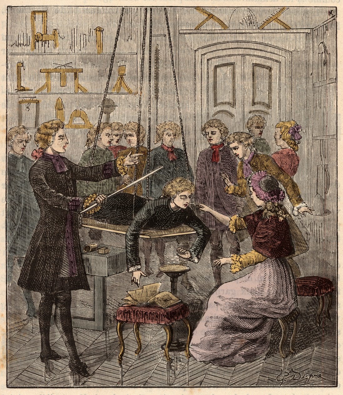 Experiment zur Elektrizität von Abbe Jean Antoine (Jean-Antoine) Nollet (1700-1770) - Elektrisches Experiment an einem Mann durchgeführt von Abbe Jean Antoine Nollet (1700-70) in einem Physikerkabinett - Gravur in „Sciences à la gratete de tous - physics e von French School